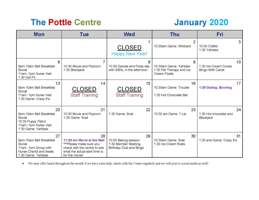 Pottle Centre January 2020 Calendar